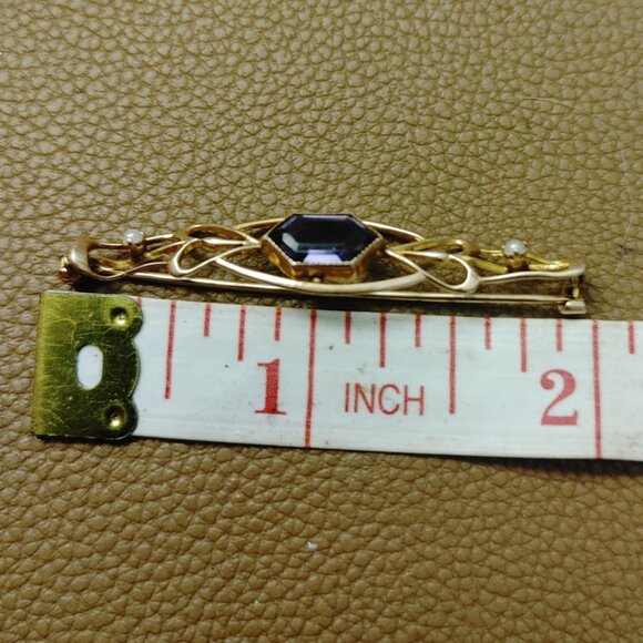 10K Yellow Gold Antique Brooch Purple Crystal Glass Stone Seed Pearls - Picture 5 of 11